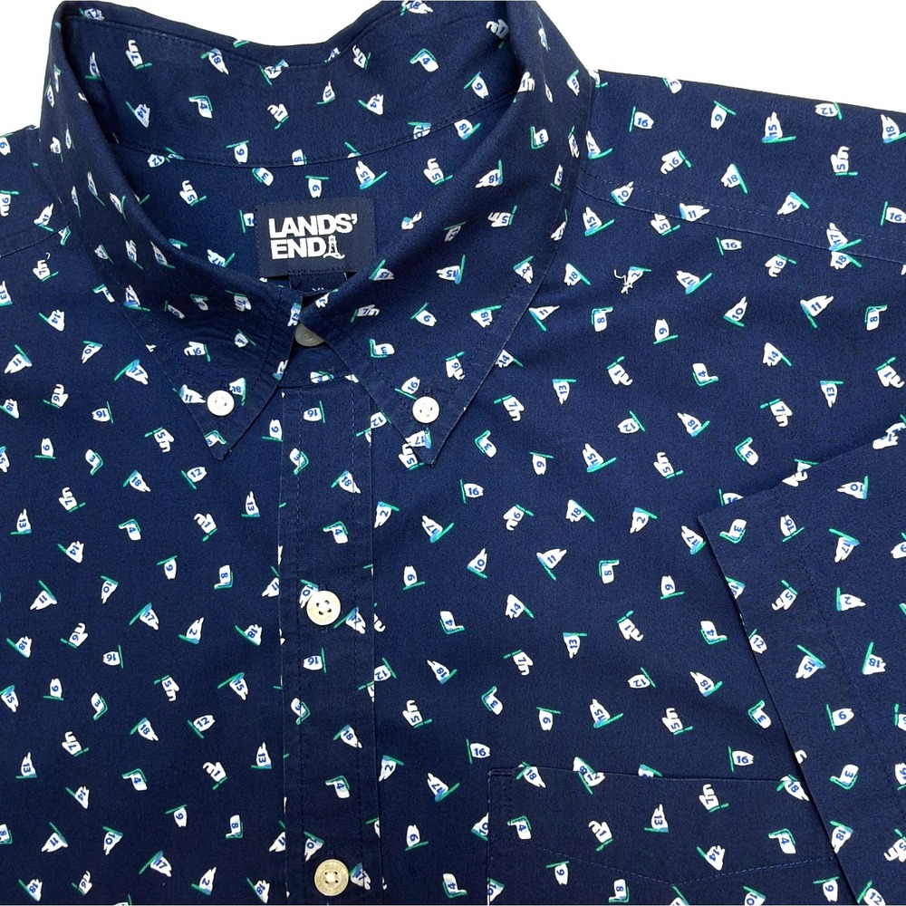 Lands End Button Down Shirt Mens XL Golf Themed All Over Print Blue Preppy